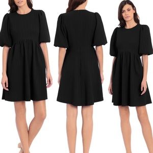 Black Maggy London Puff Sleeve Knit Fit and Flare Dress with Pockets